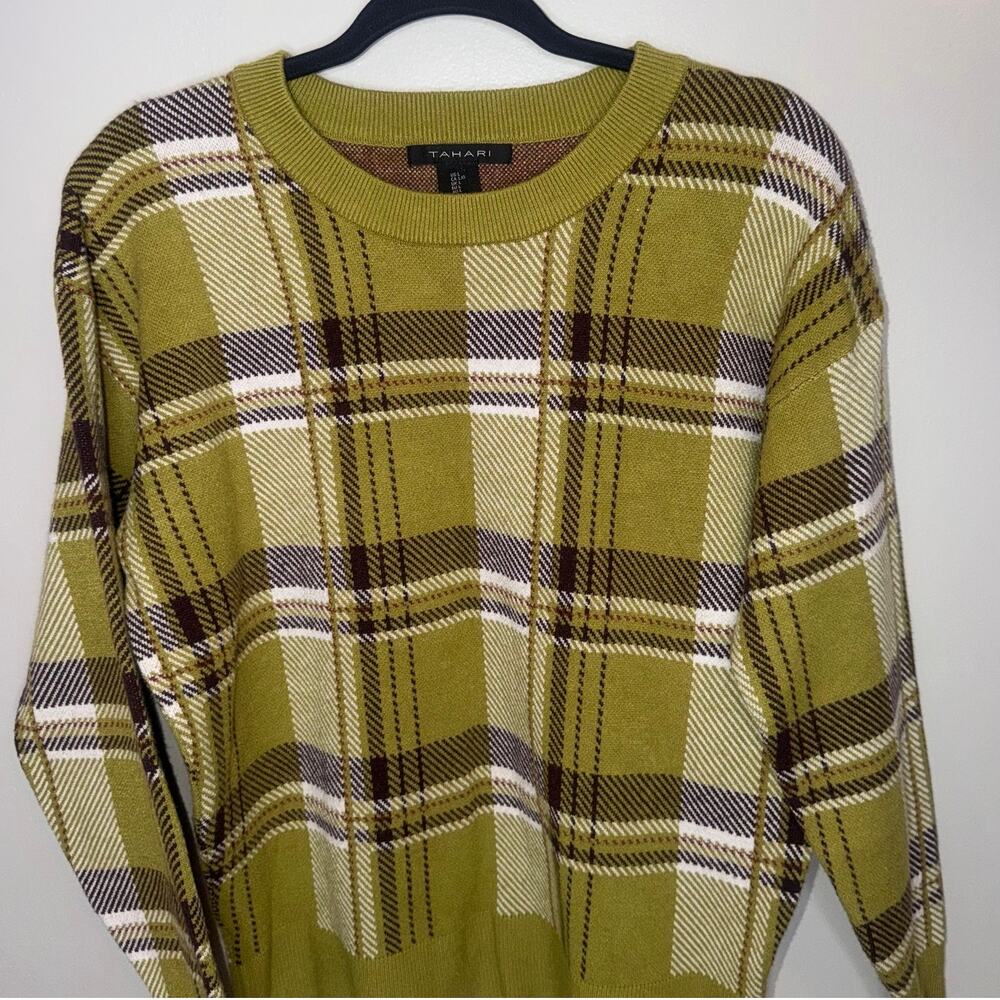 Tahari Women's Size Large Green Brown Crew Neck Long Sleeve Pullover Sweater